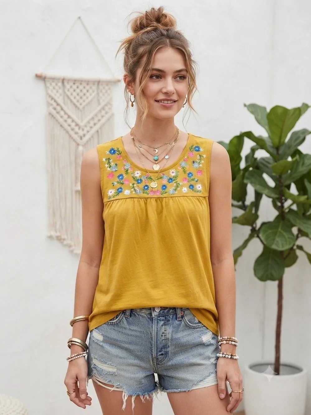 J. Crew Mustard Embroidered Floral Sleeveless Tank